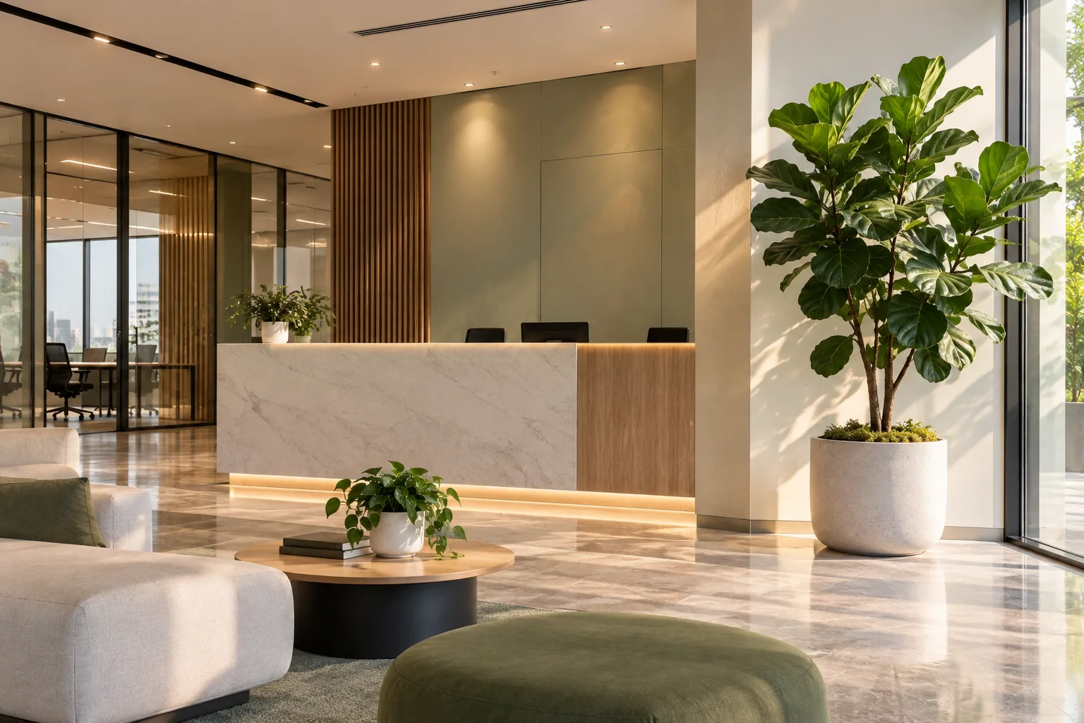 Pohon biola cantik di lobi kantor modern