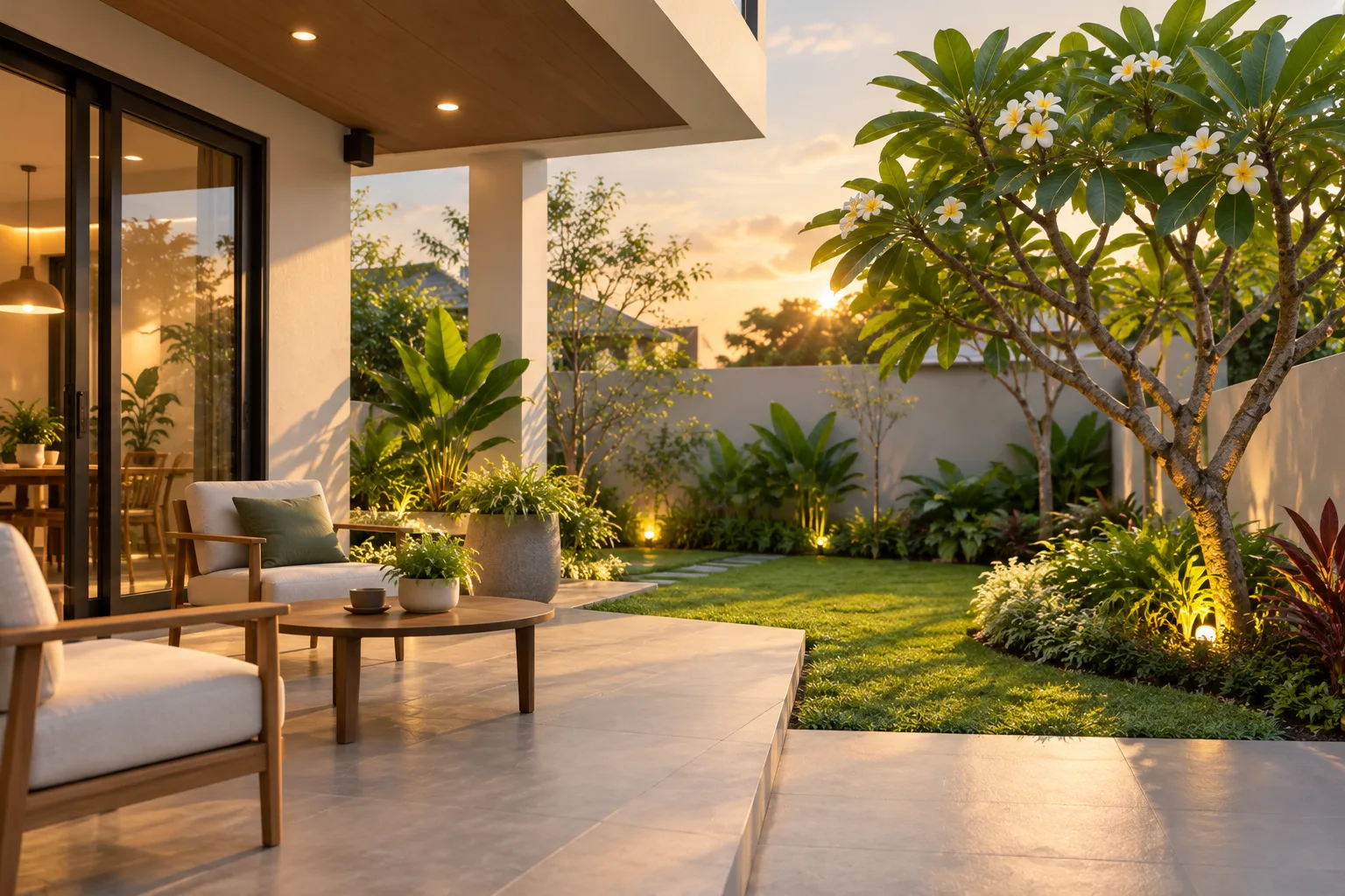Teras rumah dengan taman tropis dan pohon kamboja